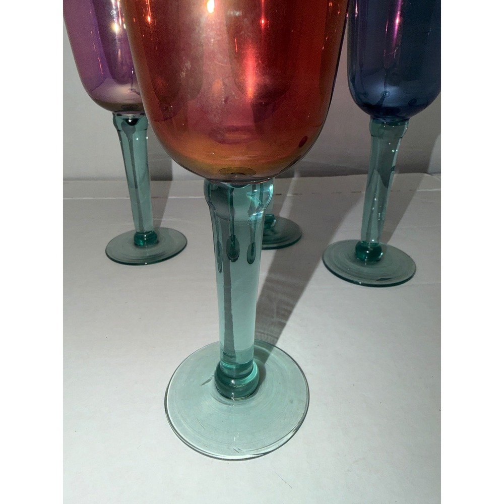 Vintage Jewel Tone Iridescent Wine Goblets 4 Mixed Colors Teal Stems 9.75" - Picture 6 of 8